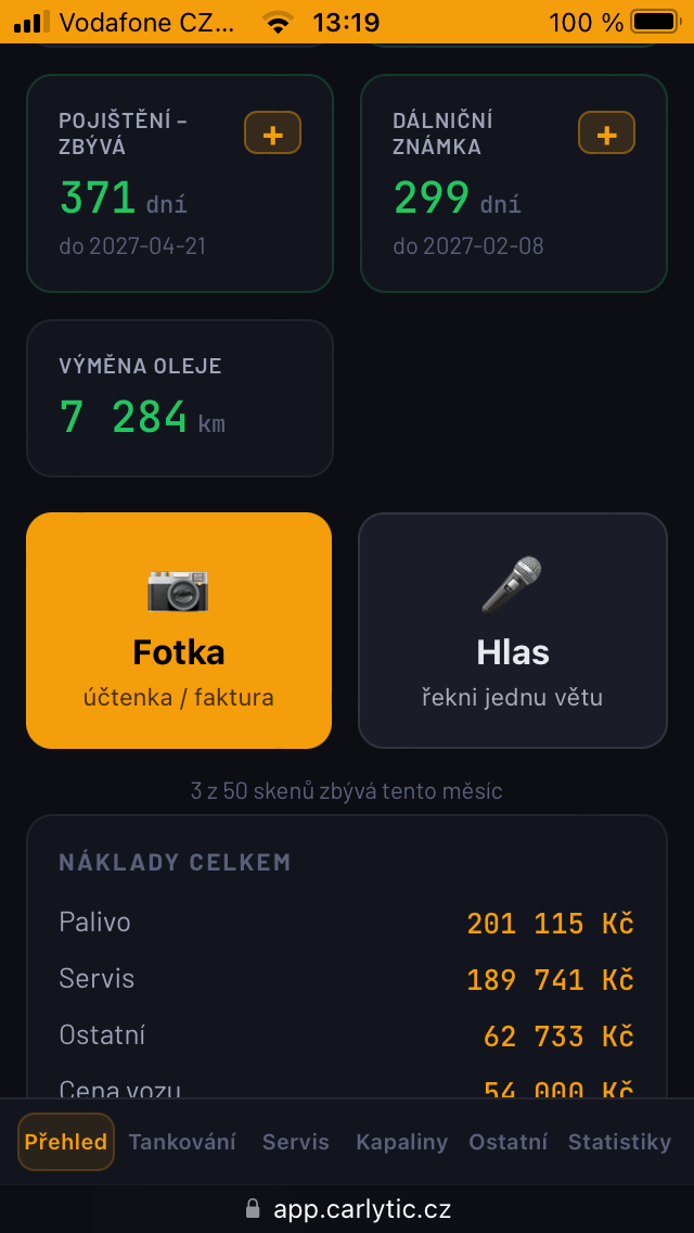 Dashboard – přehled auta, OCR scan, Fotka a Hlas